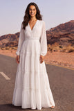 White A Line V Neck Tiered Long Boho Wedding Dress