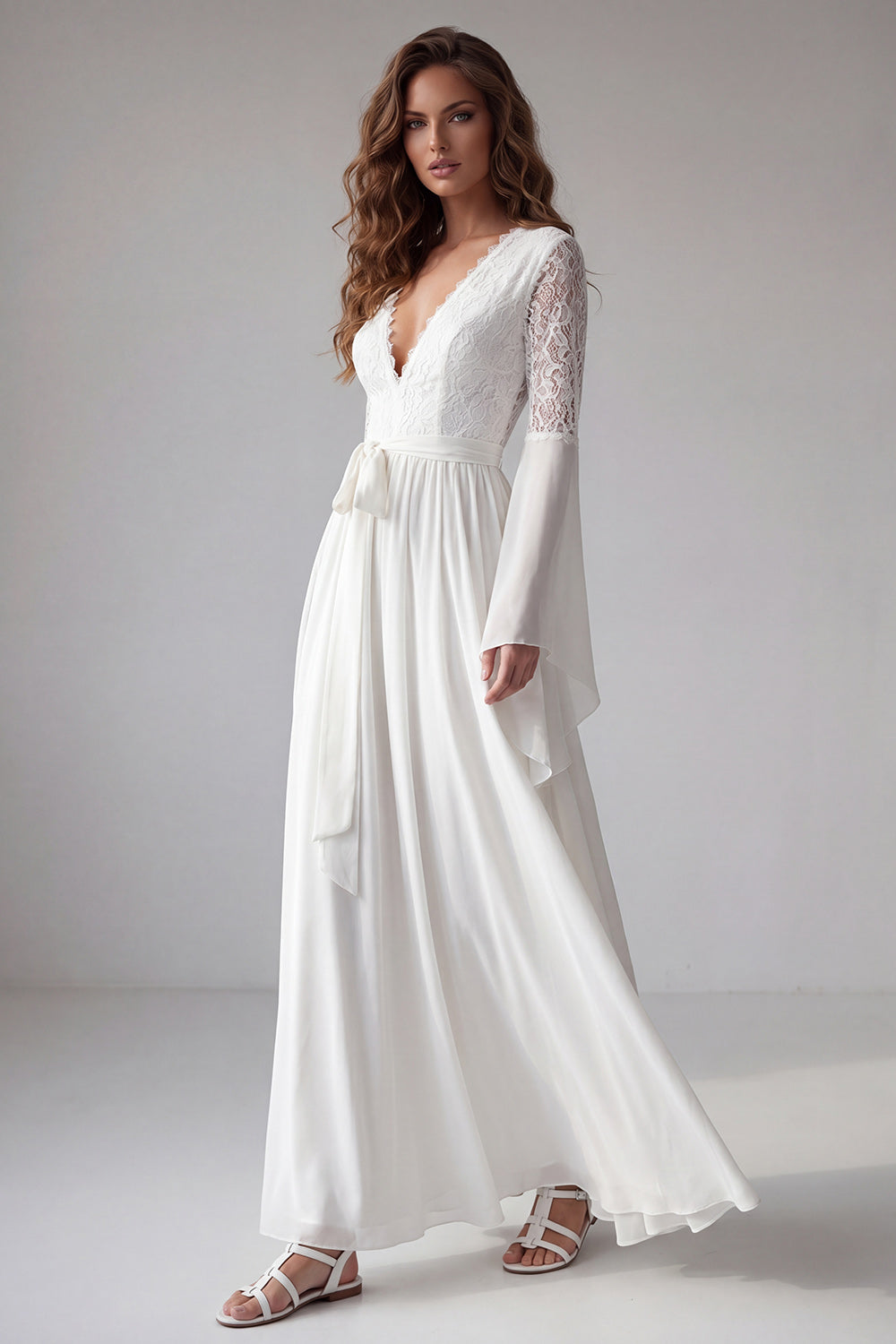 Leely Women White A Line Floral Long Engagement Dress with Lace V Neck