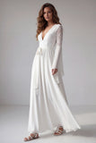 White A Line Floral Long Engagement Dress with Lace
