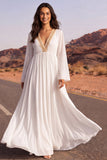 Pleated White A Line Long Boho Wedding Dress
