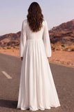 Pleated White A Line Long Boho Wedding Dress