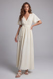 Apricot V Neck Short Sleeves Long Formal Dress
