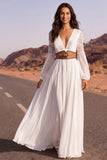 Lace Floral V Neck Long Boho Wedding Dress with Belt
