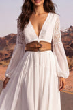 Lace Floral V Neck Long Boho Wedding Dress with Belt