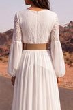 Lace Floral V Neck Long Boho Wedding Dress with Belt