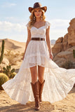 White High Low Lace Floral Western Boho Wedding Dress