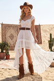 White High Low Lace Floral Western Boho Wedding Dress