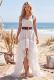 White High Low Lace Floral Western Boho Wedding Dress