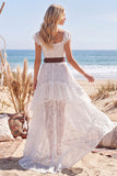 White High Low Lace Floral Western Boho Wedding Dress