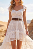 White High Low Lace Floral Western Boho Wedding Dress