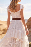 White High Low Lace Floral Western Boho Wedding Dress