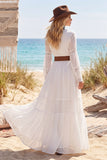V Neck White A Line Long Beach Wedding Dress