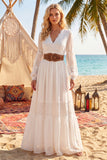 V Neck White A Line Long Beach Wedding Dress