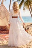 V Neck White A Line Long Beach Wedding Dress