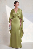 Satin Green Mermaid V Neck Long Formal Dress with Cape