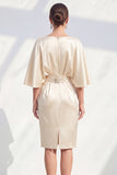 Sheath Champagne Ruched Satin Short Wedding Guest Dress