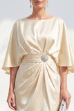 Sheath Champagne Ruched Satin Short Wedding Guest Dress