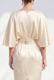 Sheath Champagne Ruched Satin Short Wedding Guest Dress