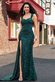Sparkly Dark Green Sheath Sequin Prom Dress with Side Cape