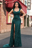 Sparkly Dark Green Sheath Sequin Prom Dress with Side Cape