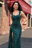Sparkly Dark Green Sheath Sequin Prom Dress with Side Cape