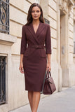 Brown Peak Lapel Sheath Midi Work Dress with Belt