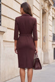 Brown Peak Lapel Sheath Midi Work Dress with Belt