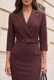 Brown Peak Lapel Sheath Midi Work Dress with Belt