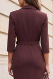 Brown Peak Lapel Sheath Midi Work Dress with Belt