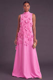 Blue Floral High Neck A Line Long Formal Dress
