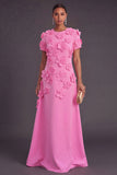 Blue Floral A Line Round Neck Long Formal Dress with Sleeves
