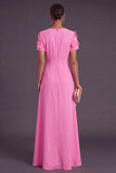 Blue Floral A Line Round Neck Long Formal Dress with Sleeves