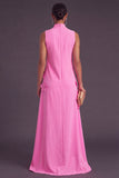 Blue Floral High Neck A Line Long Formal Dress