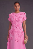 Blue Floral A Line Round Neck Long Formal Dress with Sleeves