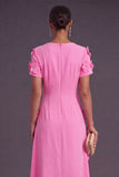 Blue Floral A Line Round Neck Long Formal Dress with Sleeves