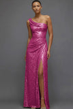 Sparkly Champagne Sequin One Shoulder Ruched Long Prom Dress with Slit
