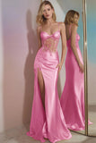 Sparkly Corset Golden Mermaid Long Prom Dress with Slit