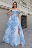 Corset Maxi White Blue Flower Printed A Line Bridesmaid Dress with Slit