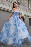 Corset Maxi White Blue Flower Printed A Line Bridesmaid Dress with Slit