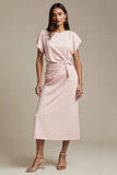 Maxi Pink Boat Neck Satin Ruched Work Dress with Sleeves