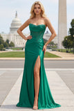 Dark Green Satin Mermaid Strapless Ruched Long Corset Prom Dress with Slit