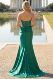 Dark Green Satin Mermaid Strapless Ruched Long Corset Prom Dress with Slit