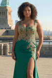 Sparkly Beaded Dark Green Plus Size Appliqued Floral Satin Long Corset Prom Dress with Slit