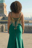 Sparkly Beaded Dark Green Plus Size Appliqued Floral Satin Long Corset Prom Dress with Slit
