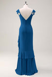 Red Chiffon Mermaid V-Neck Maxi Bridesmaid Dress with Ruffles