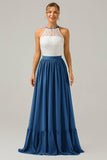 Dusk A-Line Halter Pleated Keyhole Chiffon Bridesmaid Dress With Lace