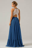 Dusk A-Line Halter Pleated Keyhole Chiffon Bridesmaid Dress With Lace