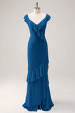 Red Chiffon Mermaid V-Neck Maxi Bridesmaid Dress with Ruffles