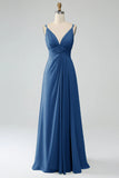A-Line Pleated Spaghetti Straps Chiffon Bridesmaid Dress With Slit