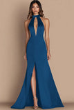 Simple Halter Satin Keyhole Mermaid Long Black Tie Dress with Slit